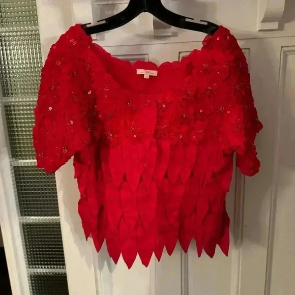 Vintage Red Embellished Intricate Neckline Short Sleeve Blouse Size 10 - Picture 2 of 14